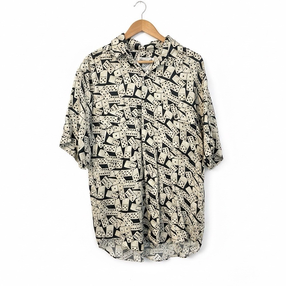 Vintage 90s GOOUCH 100% Silk Shirt Small Domino Print Funky‎ Maximalist AOP